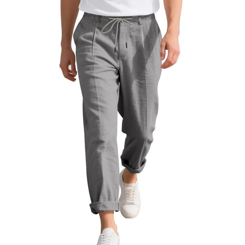 Men's linen casual trousers in straight-leg style with drawstring waist in multiple colour options