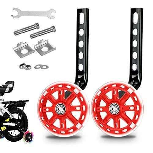 Children's metal bicycle training wheels with universal bracket in assorted colours including red, blue, and yellow.