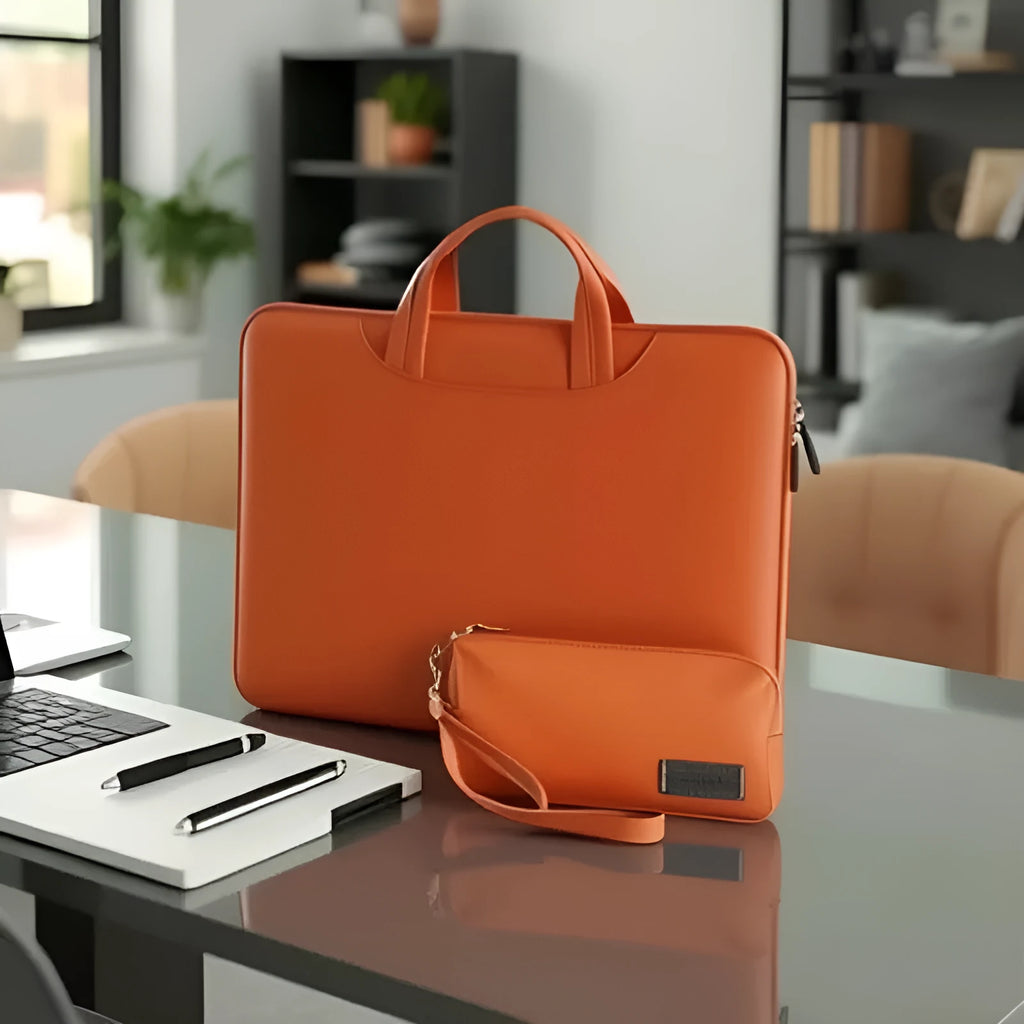 Black PU leather laptop bag with integrated power bank for a 15-inch notebook.