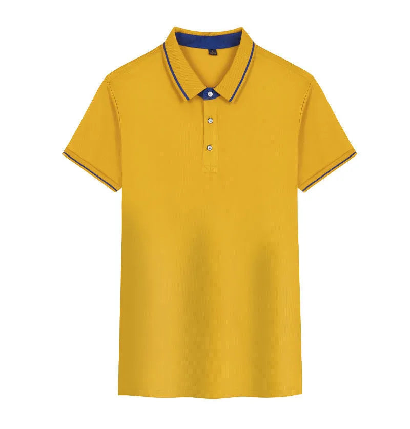Korean style asymmetric work polo shirt in a solid colour on a hanger, showing loose fit and short sleeves.