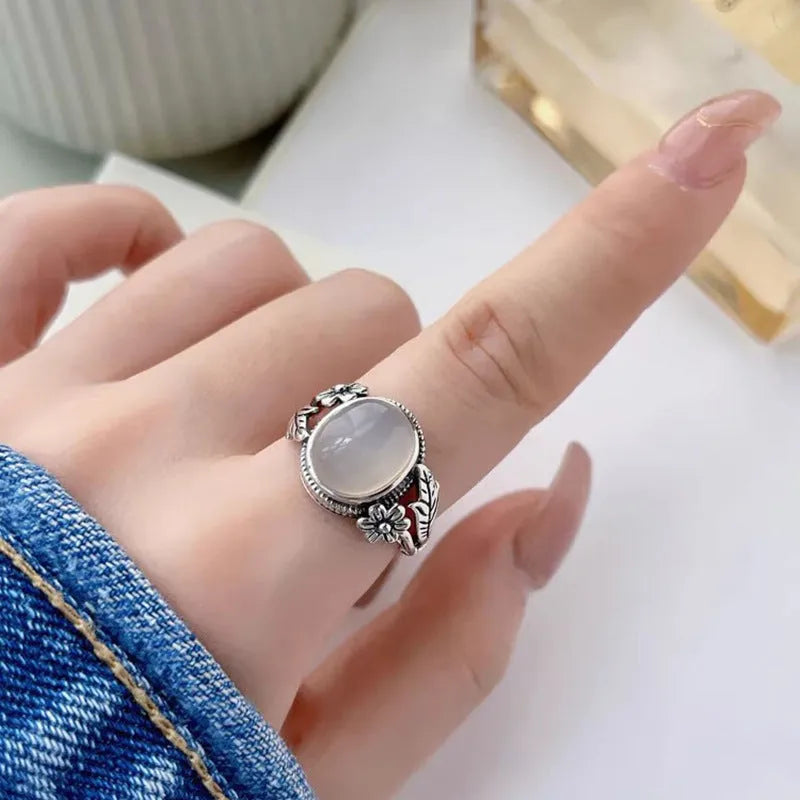 Copper adjustable vintage ring with imitation white chalcedony stone and antiqued finish