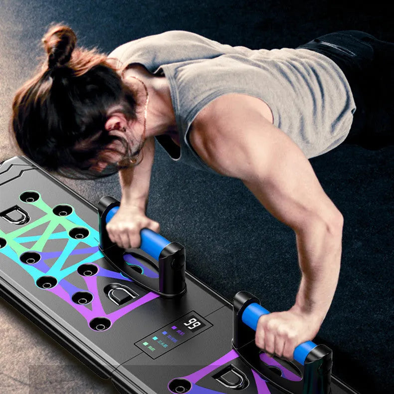 Black multifunctional push-up board with ABS plastic frame and TPE soft grips, 87cm x 43cm x 20cm