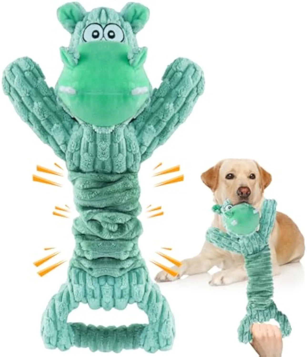 Large soft plush dog toy with bright colours and a handle, showing its size for scale.