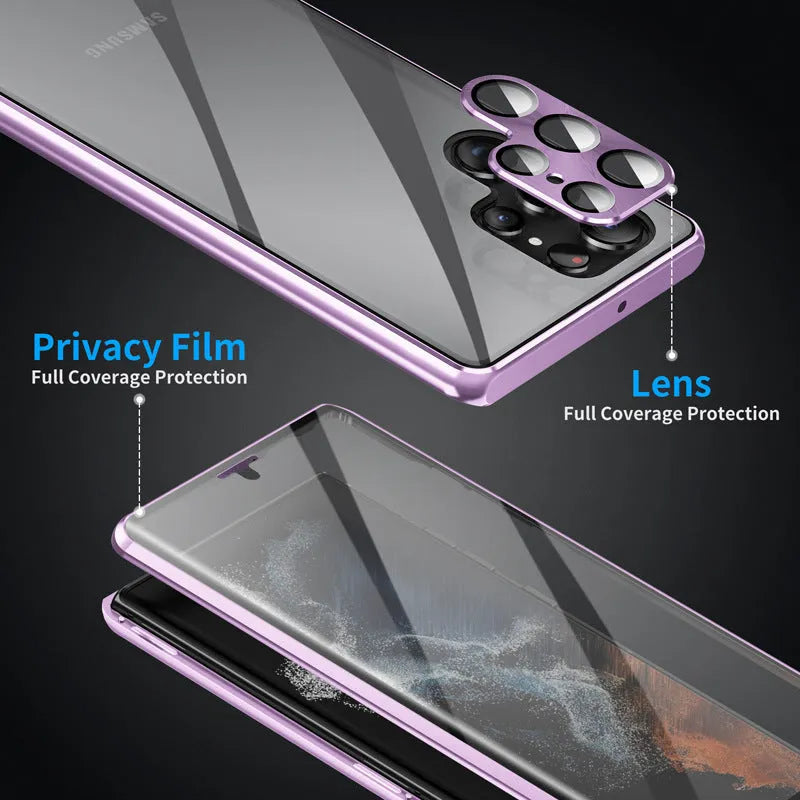 Magnetic mirror phone case for Samsung Galaxy S24 Ultra in silver colour, showing peep-proof cover closed.