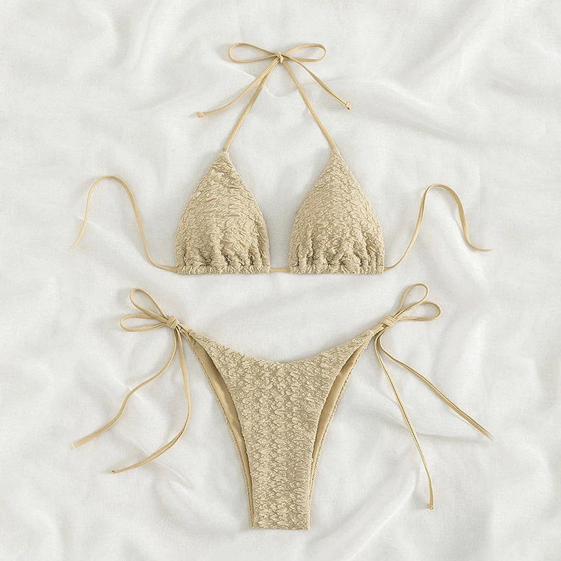 Women's khaki high waist bikini with lace-up front detail and matching shorts