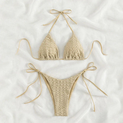 Women's khaki high waist bikini with lace-up front detail and matching shorts