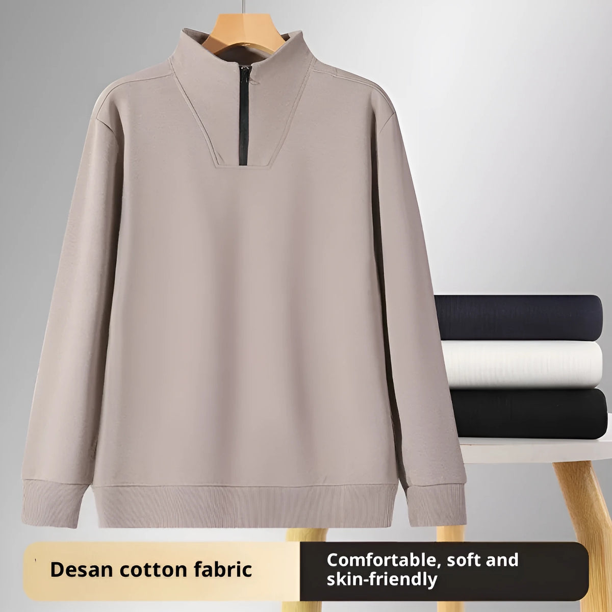 Men's loose fit polyester stand collar zip-up sweatshirt in solid colour for spring and autumn