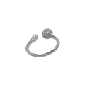 Open-end pearl ring with round zircon stone in gold or silver colour, showing geometric shape and thick real gold plating.