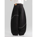 Black straight-leg polyester denim trousers with a zip fly and micro-elastic waistband.