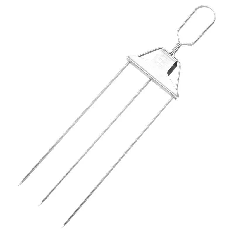 Stainless steel 3-prong BBQ skewer forks for perfect kebabs, non-stick and reusable.