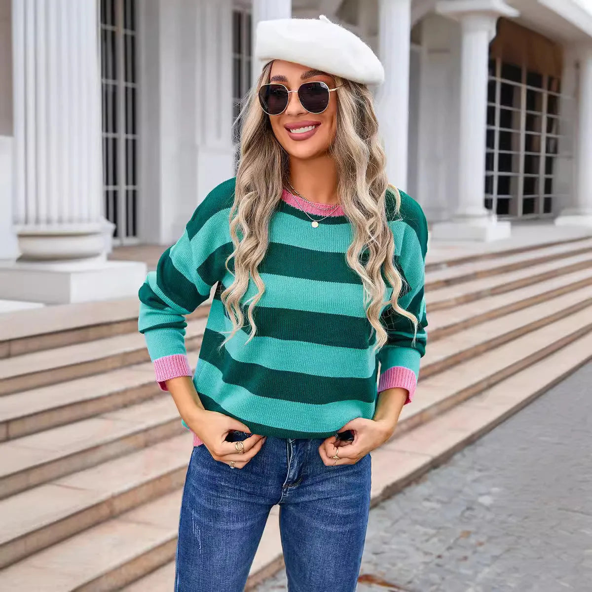 Women's striped acrylic sweater in loose fit with long sleeves and round neck