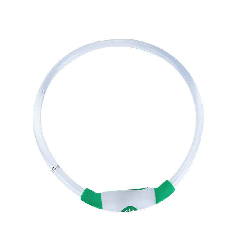 USB rechargeable LED light-up dog collar in blue, showing the light unit and adjustable TPU strap.