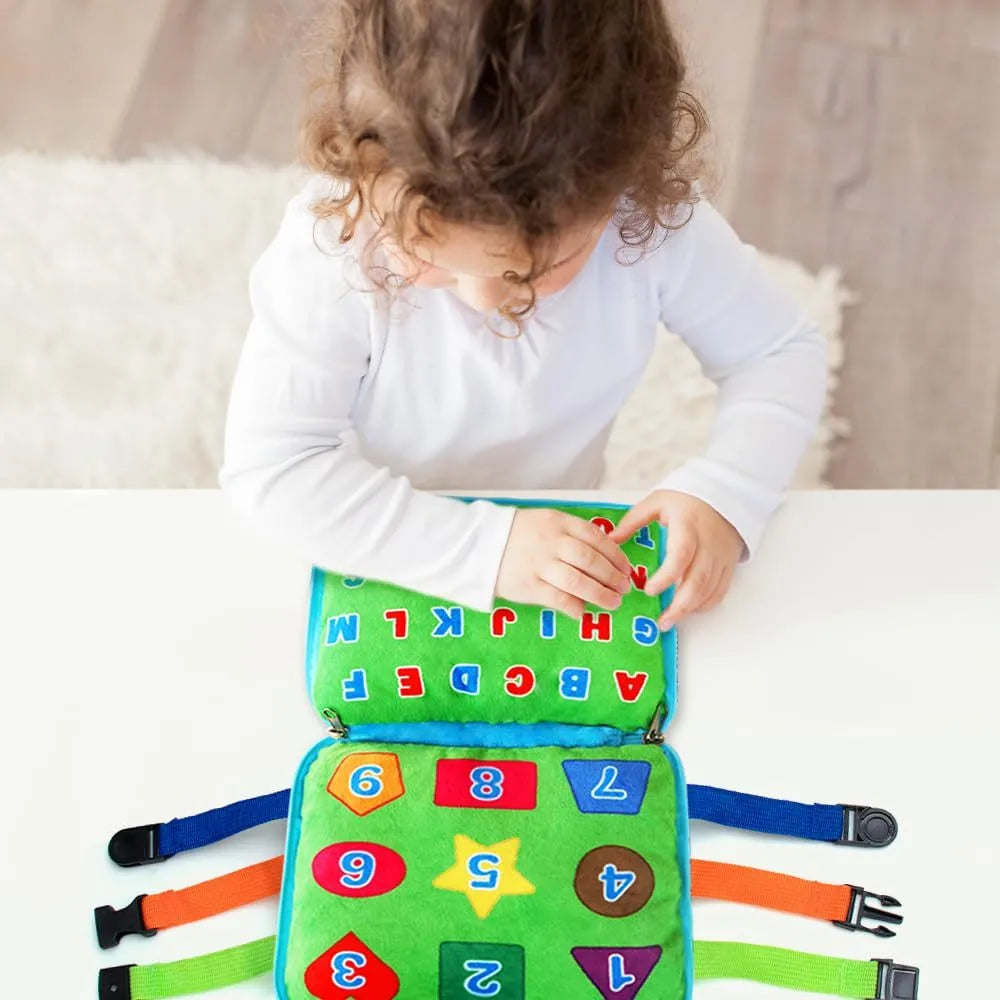 Blue owl plush toy with colour-matching release buckles for toddler early education