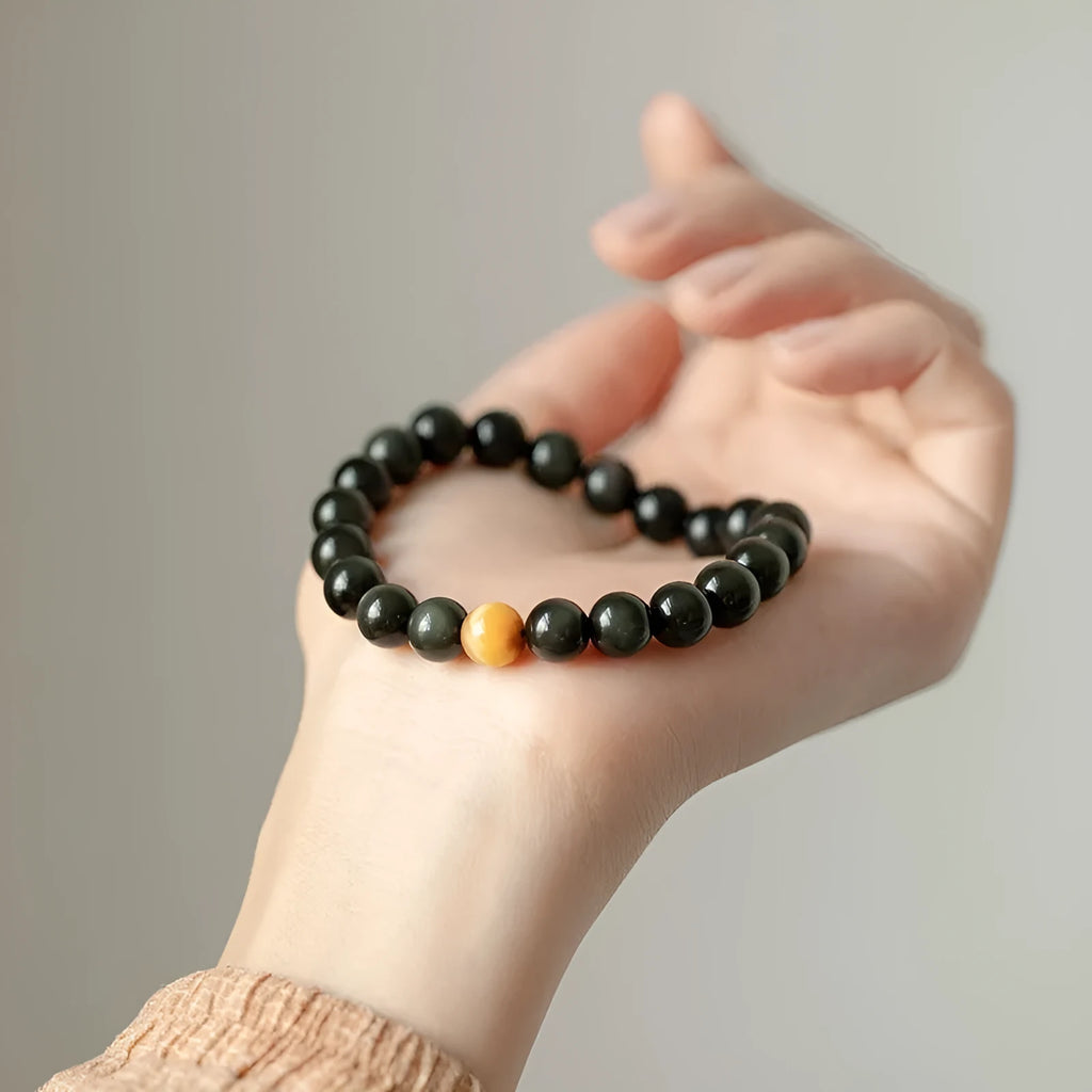 Black obsidian geometric bead bracelet in Korean style, showing 6mm, 8mm and 10mm size options.