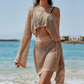 Khaki women's bell sleeve top and skirt sun protection two piece set with hollow out detailing