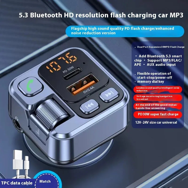 Car Bluetooth receiver and fast charger with LED display for vehicle audio streaming and device charging