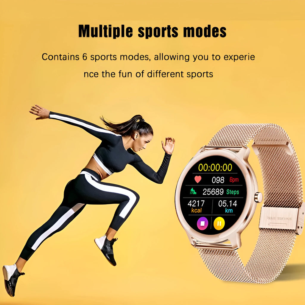 Women's smart watch with stainless steel band and 1.3-inch touch screen display showing watch face