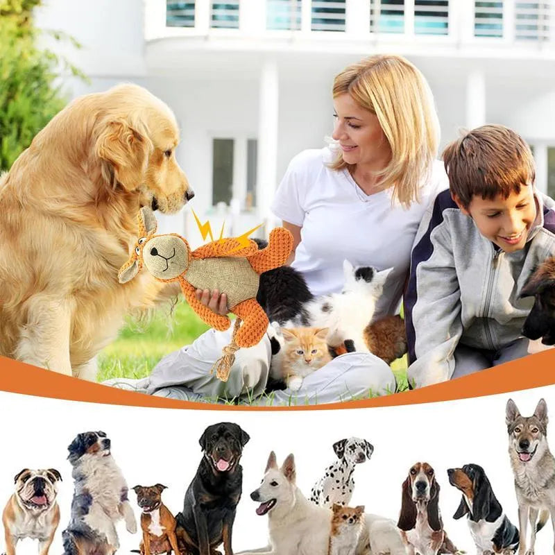 Dog plush squeaky chew toy in animal shapes with cotton filling for teeth cleaning and interactive play