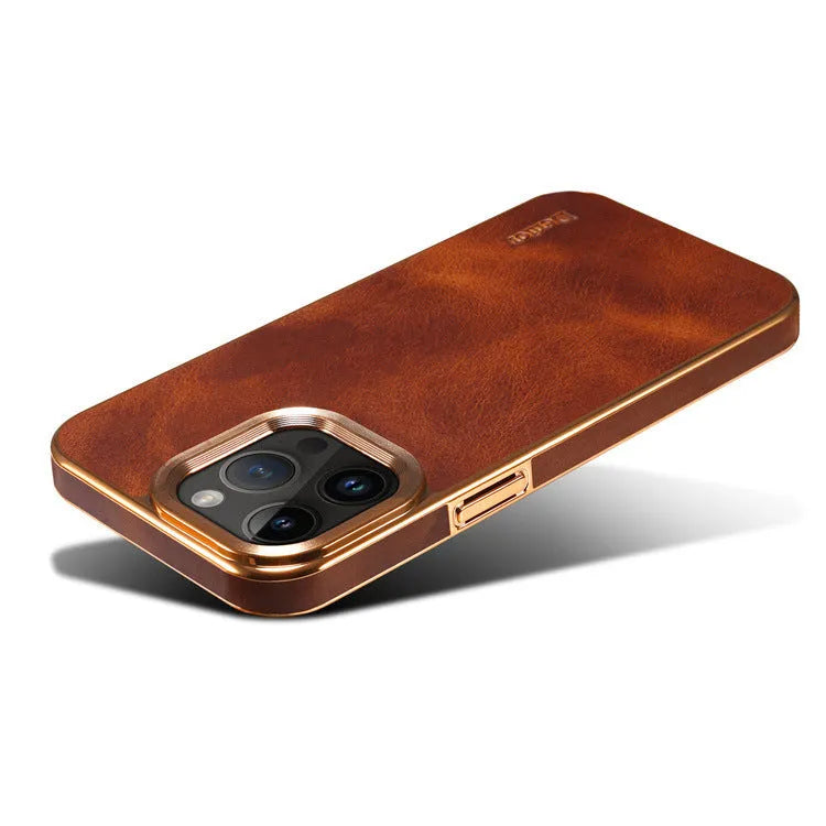 Handmade slim leather iPhone case in black on an iPhone 15
