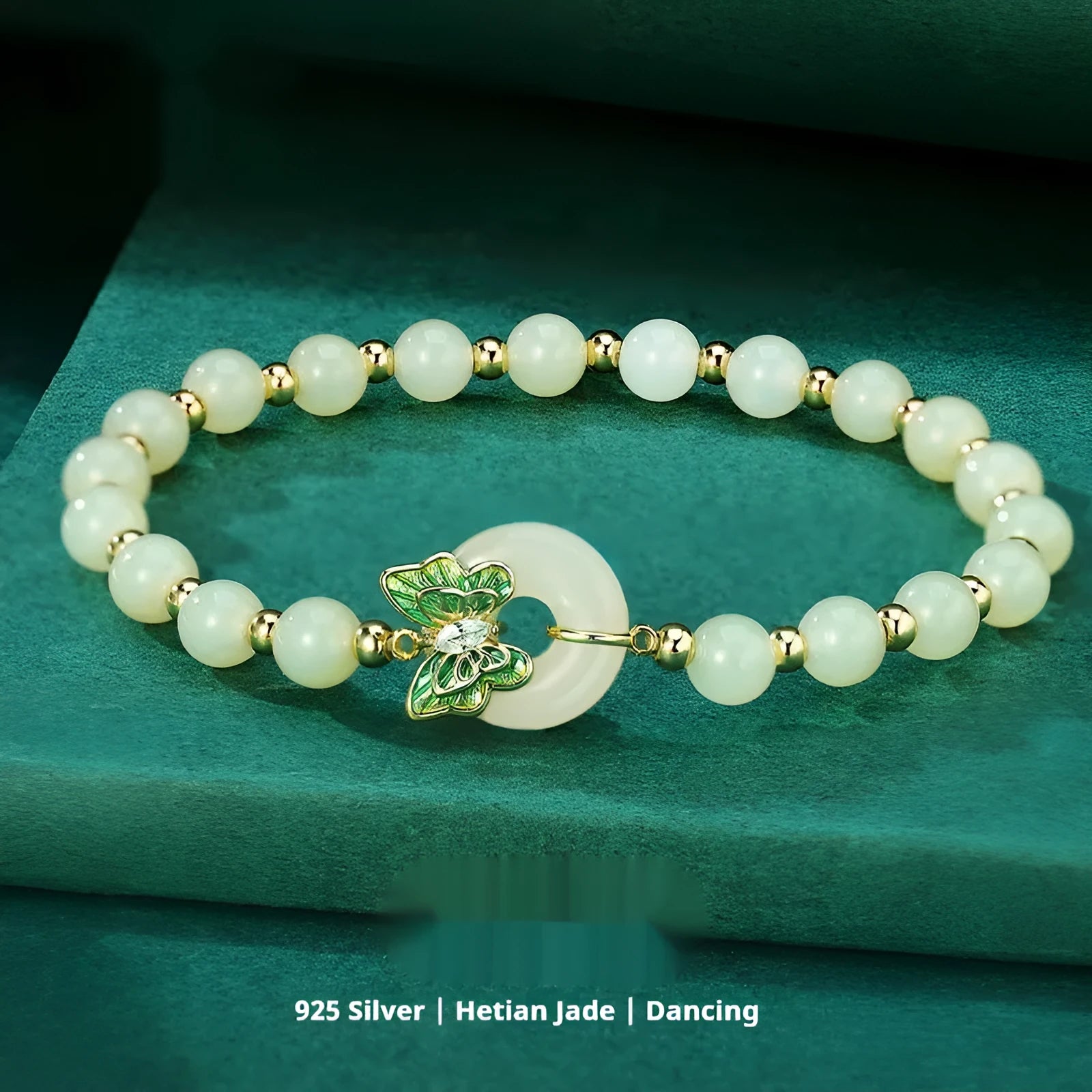 Cyan Hetian jade bracelet with sterling silver butterfly inlay and 6mm beads
