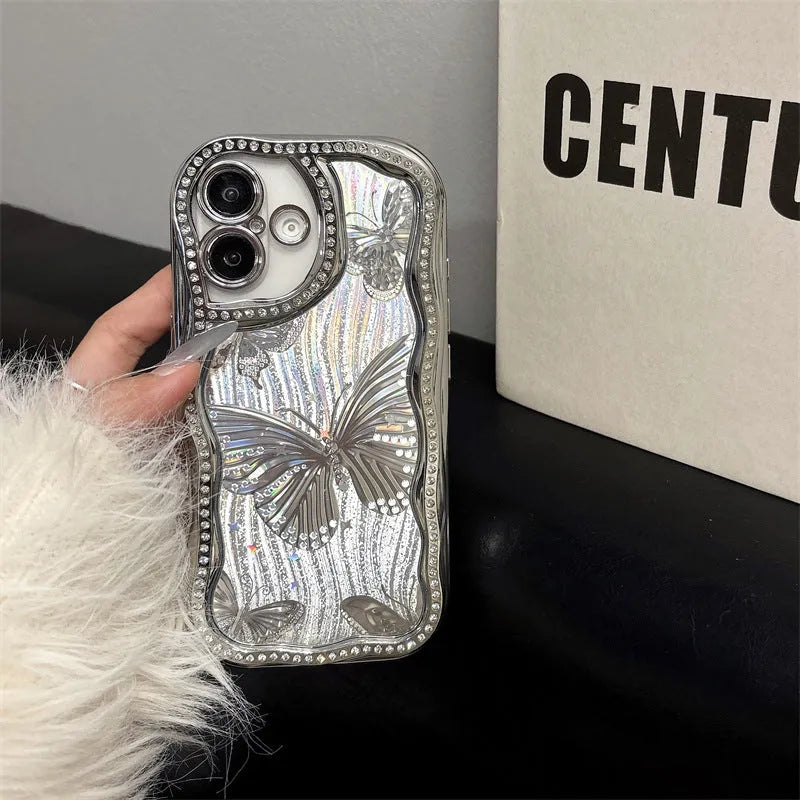 Cream epoxy electroplating diamond edge phone case with laser butterfly design for iPhone