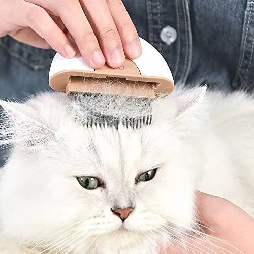 Steel and alloy pet grooming comb for cats and dogs on a neutral background, available in coffee, green, and pink