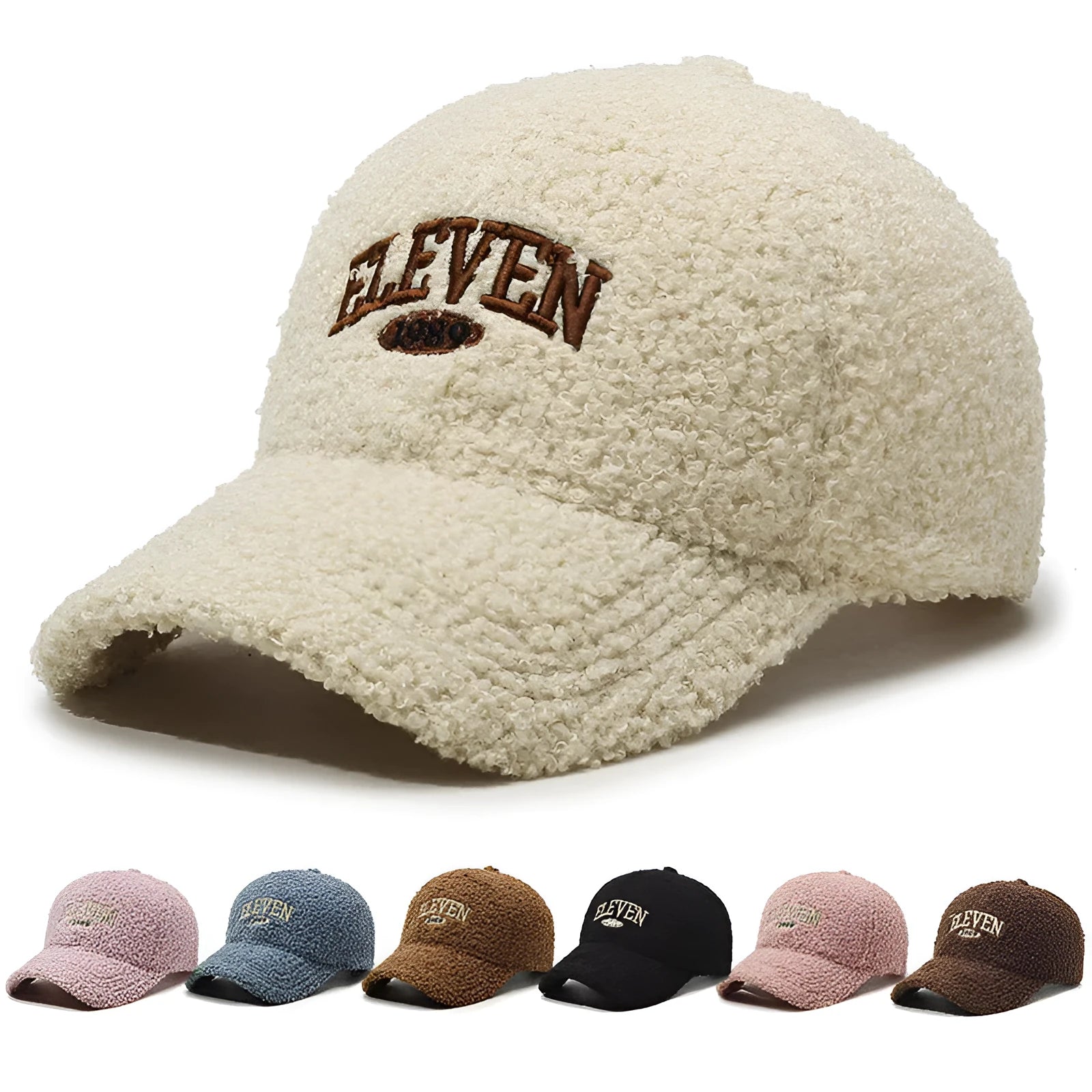 Adjustable lambskin-look winter baseball cap in dome crown style shown in multiple colours.