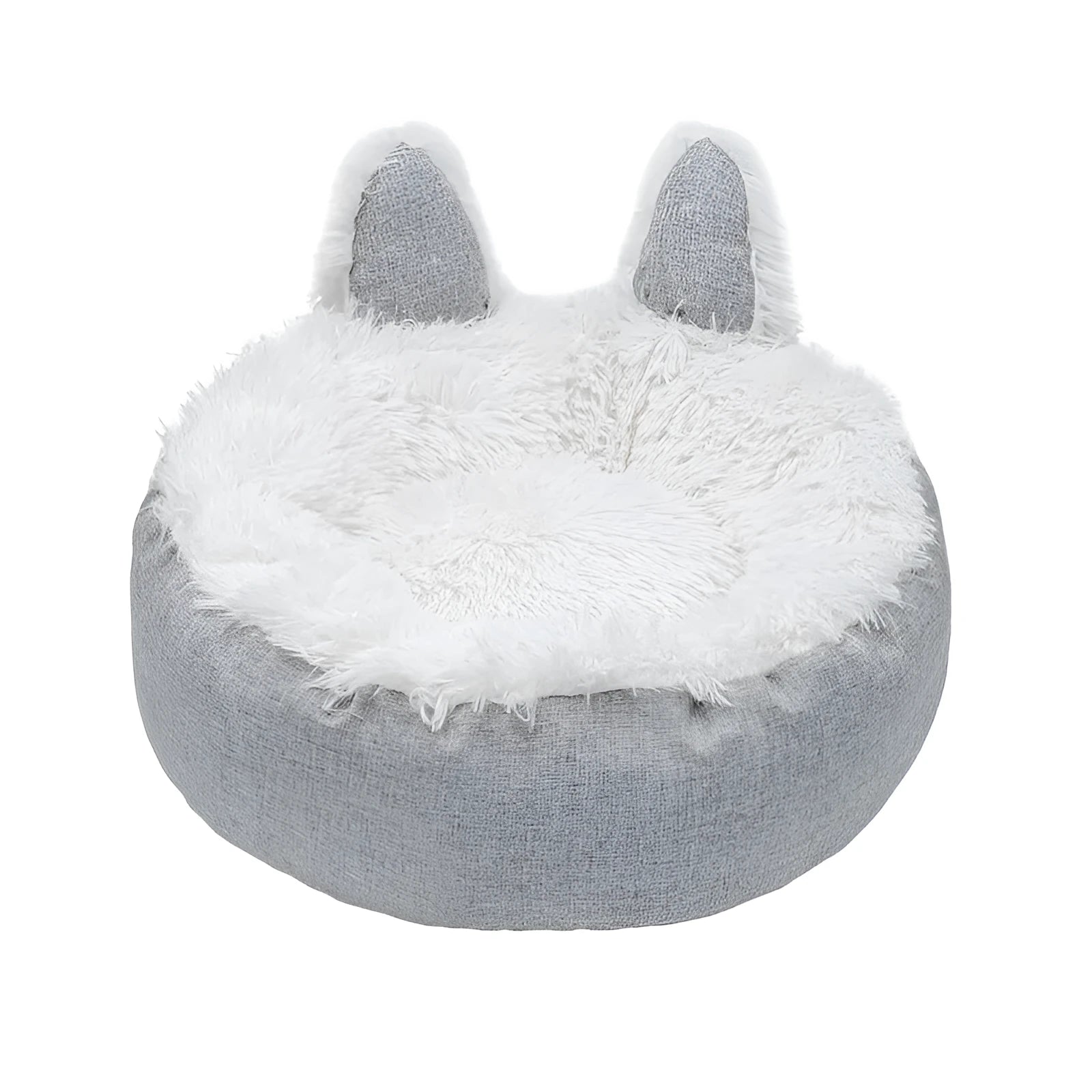 Blue faux fur plush enclosed cat bed house on a wooden floor