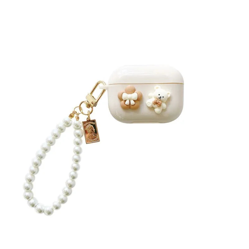 Rice White Bear TPU silicone protective shell for AirPods case with pearl chain