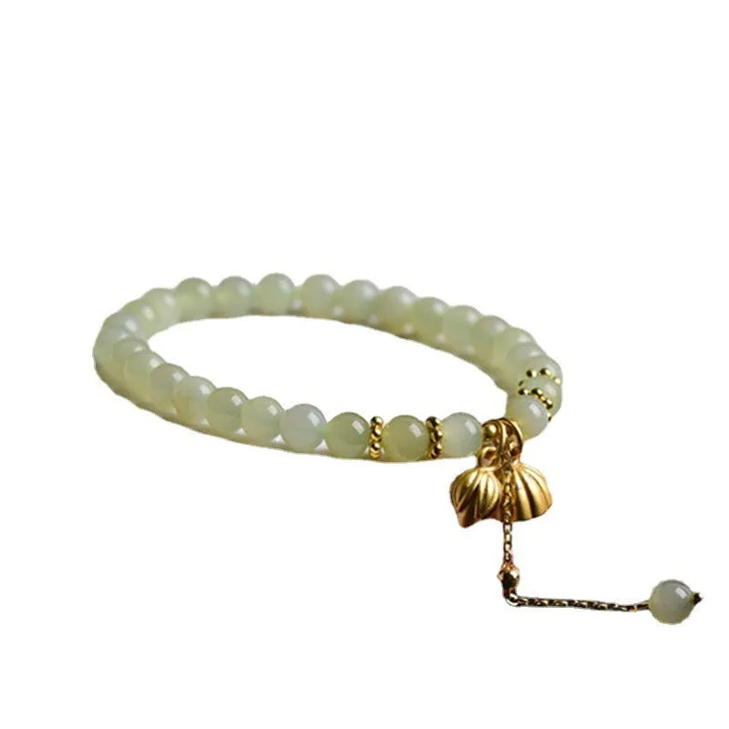 Hetian Jade bracelet with Step by Step Lotus design and Fu character on 6mm beads