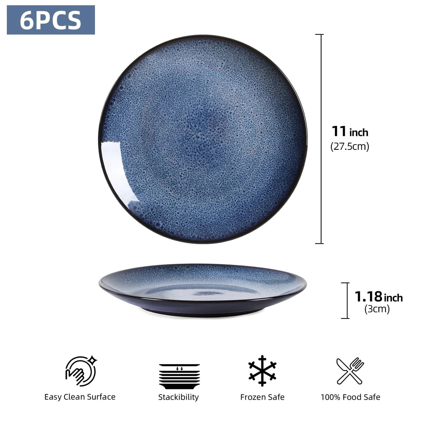 Set of 6 ceramic plates for steak, salad, and more, microwave and dishwasher safe