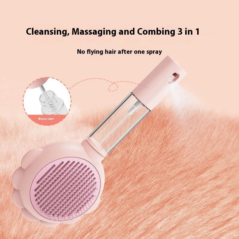 Self-cleaning pet grooming brush comb with spray function in green, white, and pink for cats and dogs