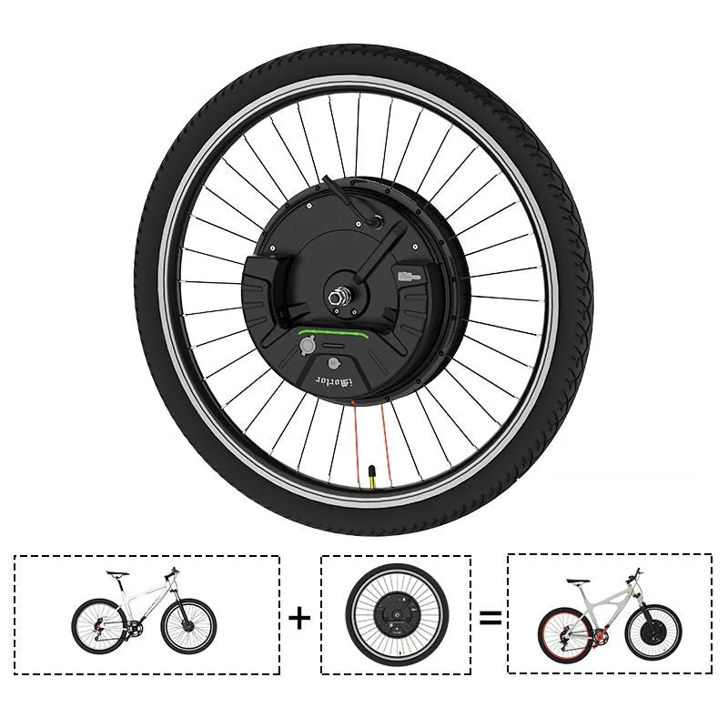 Yunzhilun bicycle electric conversion kit showing alloy hub motor wheel, lithium battery pack, and charger for 26-inch bikes.