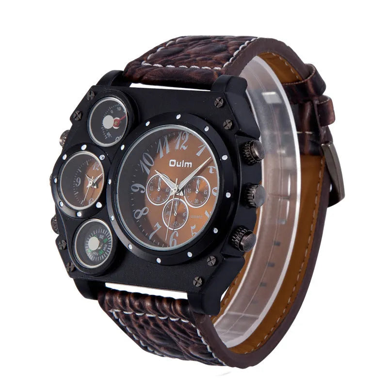 Two Places Travel Time Watch casual mens with brown/black dial, luminous hands, PU strap