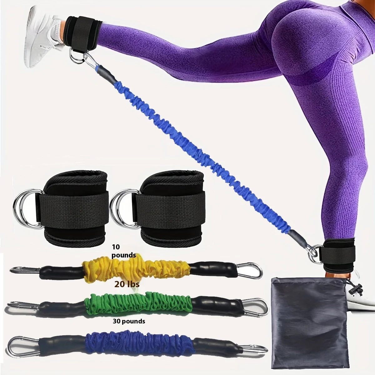 Ankle strap resistance bands in various colours for hip and leg strength training