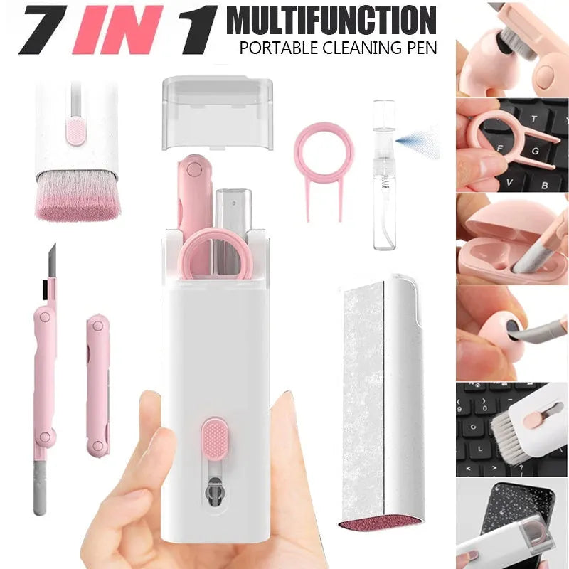 Multifunctional electronics cleaning kit with cleaning pen, brush, key puller, and spray bottle on a white background