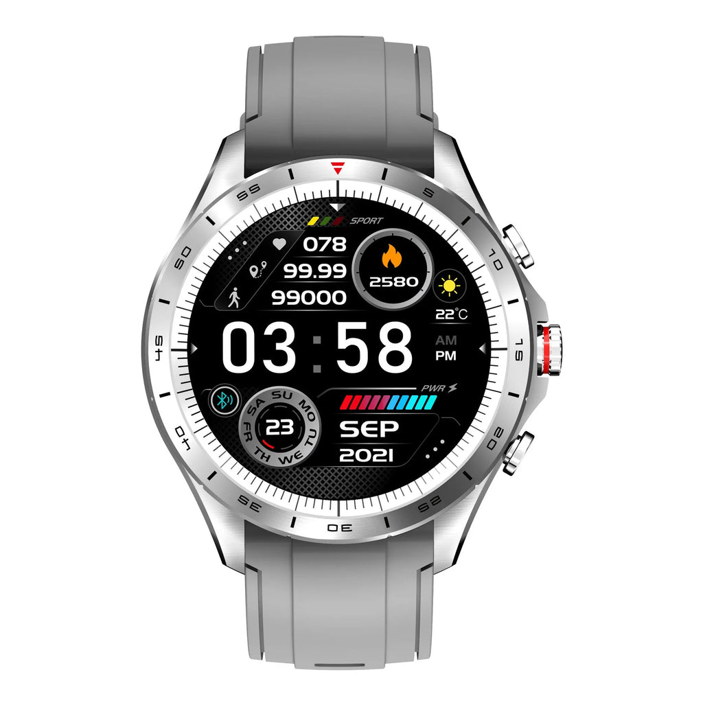 Men's black smart bracelet watch with silicone band and round touch screen display.