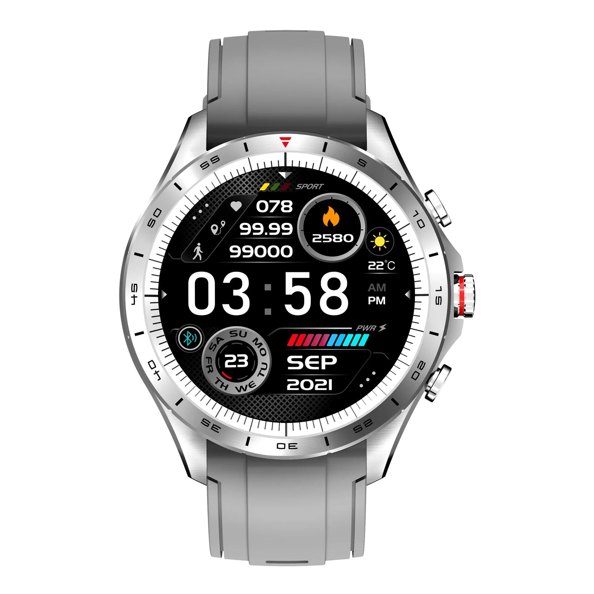 Men's black smart bracelet watch with silicone band and round touch screen display.