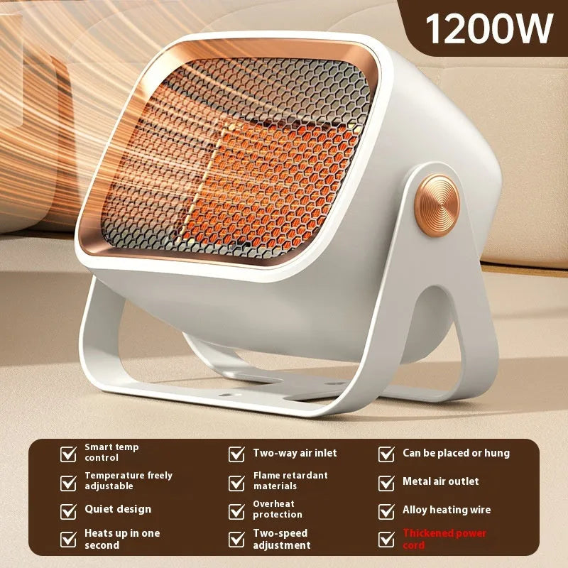 White PTC ceramic desktop heater with rotating base and push-button controls