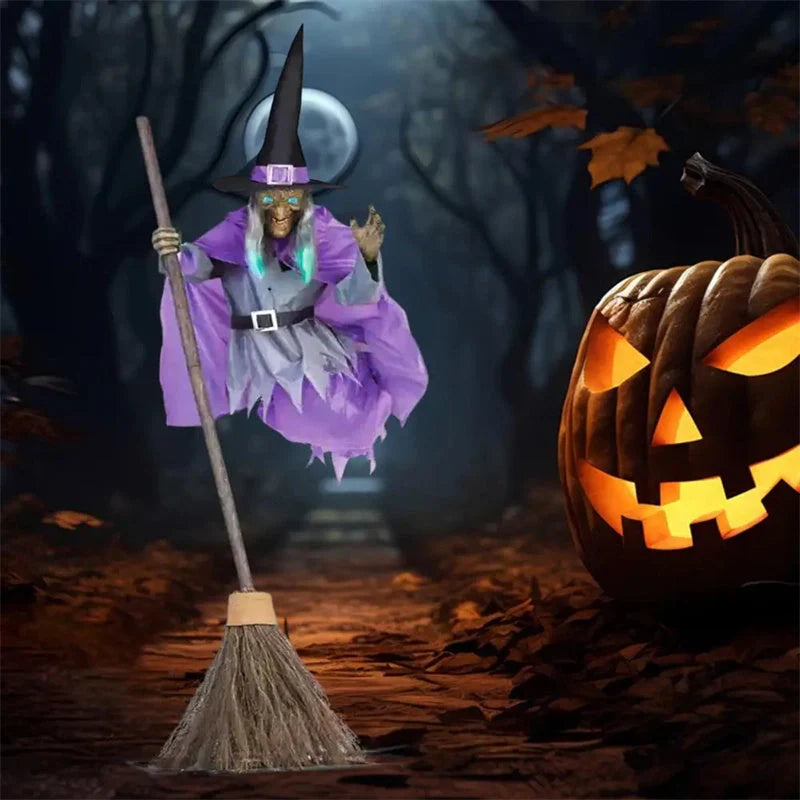 Halloween flying witch decoration with broom and scary sound, 180cm tall