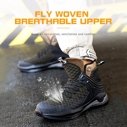 Durable steel toe construction boots for men with puncture-proof design, breathable mesh lining, and shock-absorbing sole