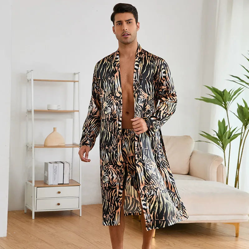 Men's tiger patterned bathrobe set with long sleeves and matching shorts on hanger