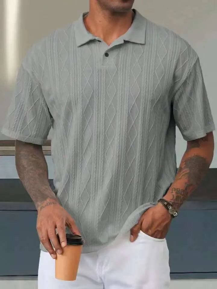 Retro button lapel short sleeve T-shirt in a cotton blend fabric, shown in a loose fit.