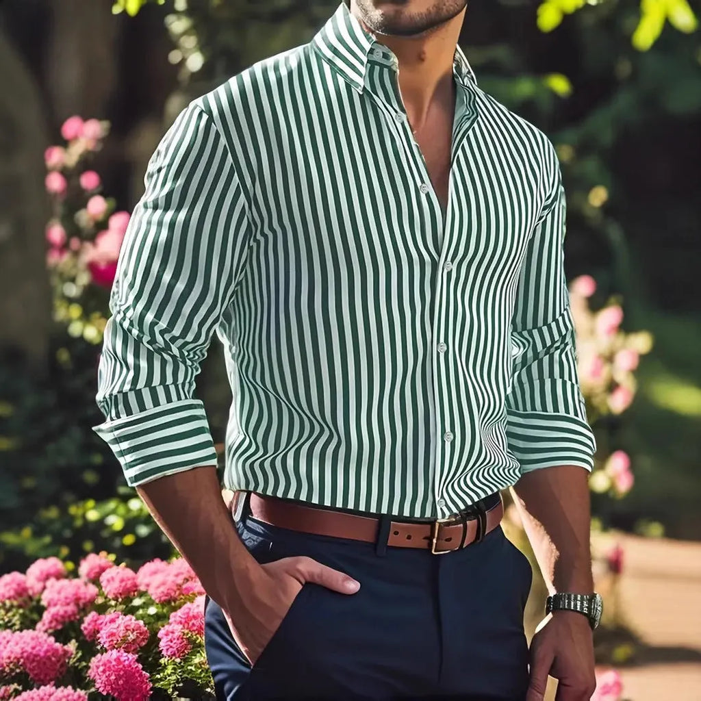 Men's stripe print long sleeve lapel button shirt, loose cardigan style in pink, front view