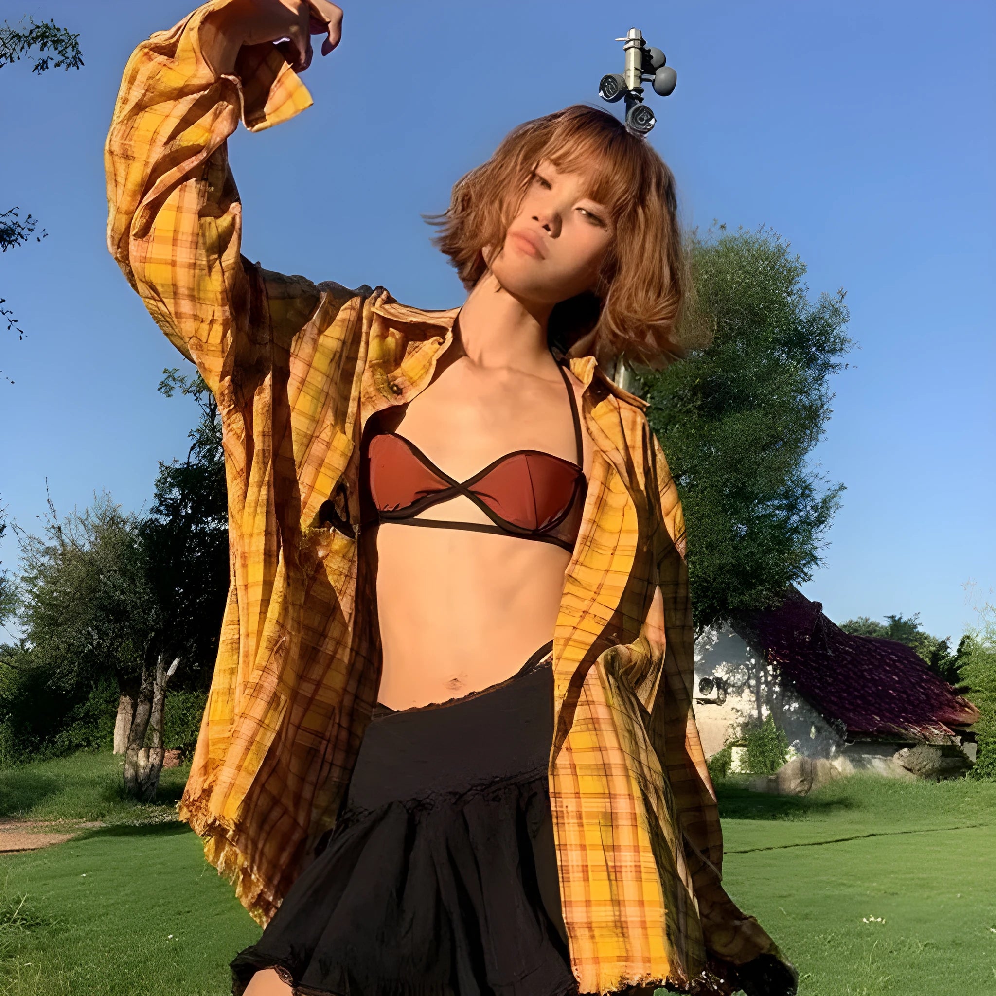 Dopamine yellow American plaid shirt with loose fit on hanger.