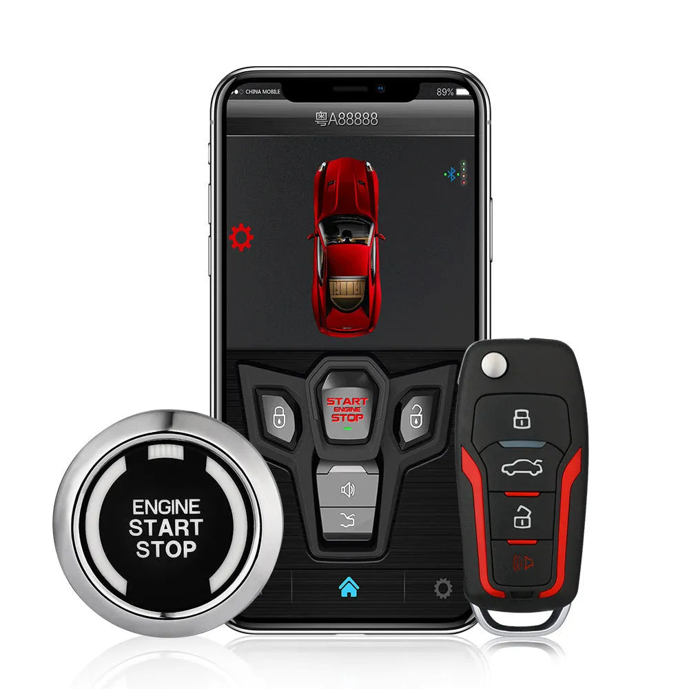 Red and frosted black one-way remote car alarm system with two remotes for vehicle security.