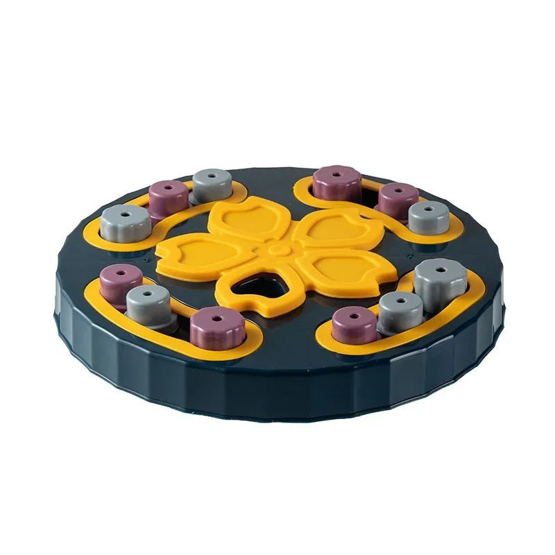 Blue interactive dog slow feeder puzzle toy with compartmentalised design for educational feeding