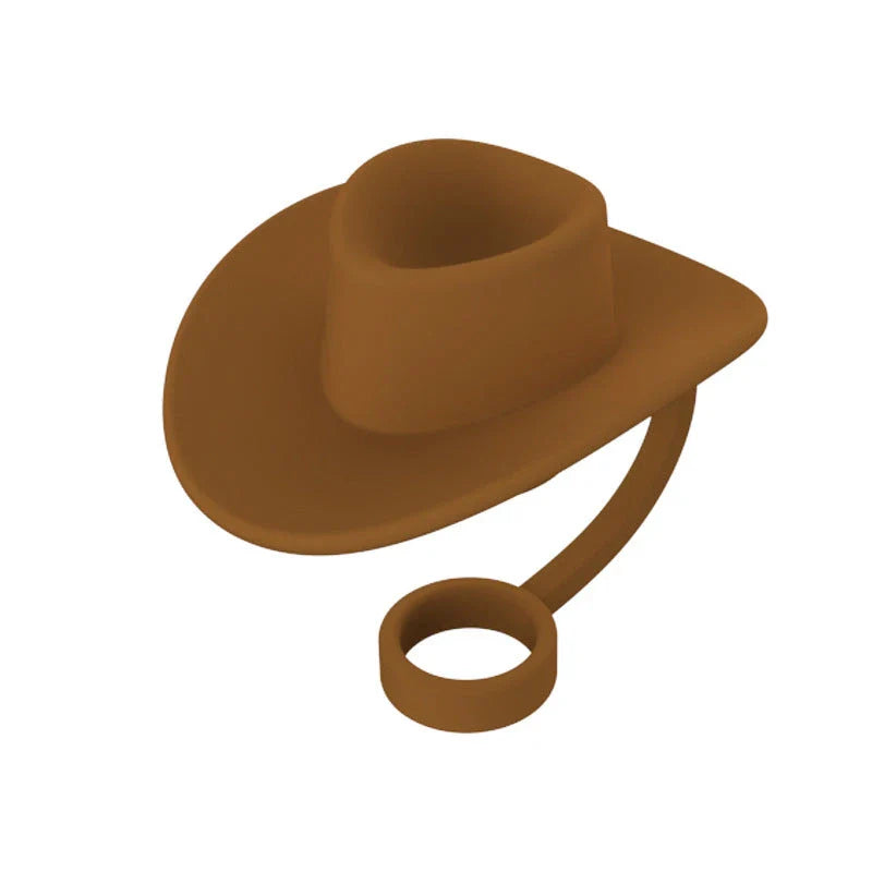 Sturdy Cowboy Hat-shaped straw covers made of food-grade silicone in vibrant colors like red, black, and brown