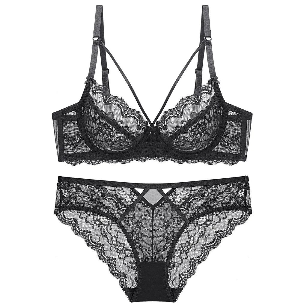 Transparent nylon bra and knickers set in white with ultra-thin 3/4 cup and fixed double straps