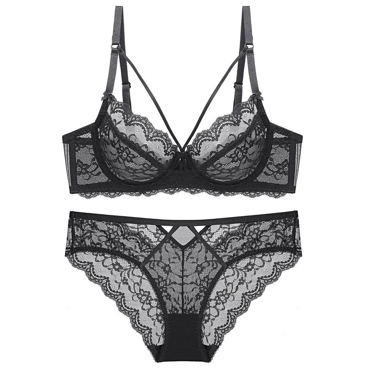 Transparent nylon bra and knickers set in white with ultra-thin 3/4 cup and fixed double straps